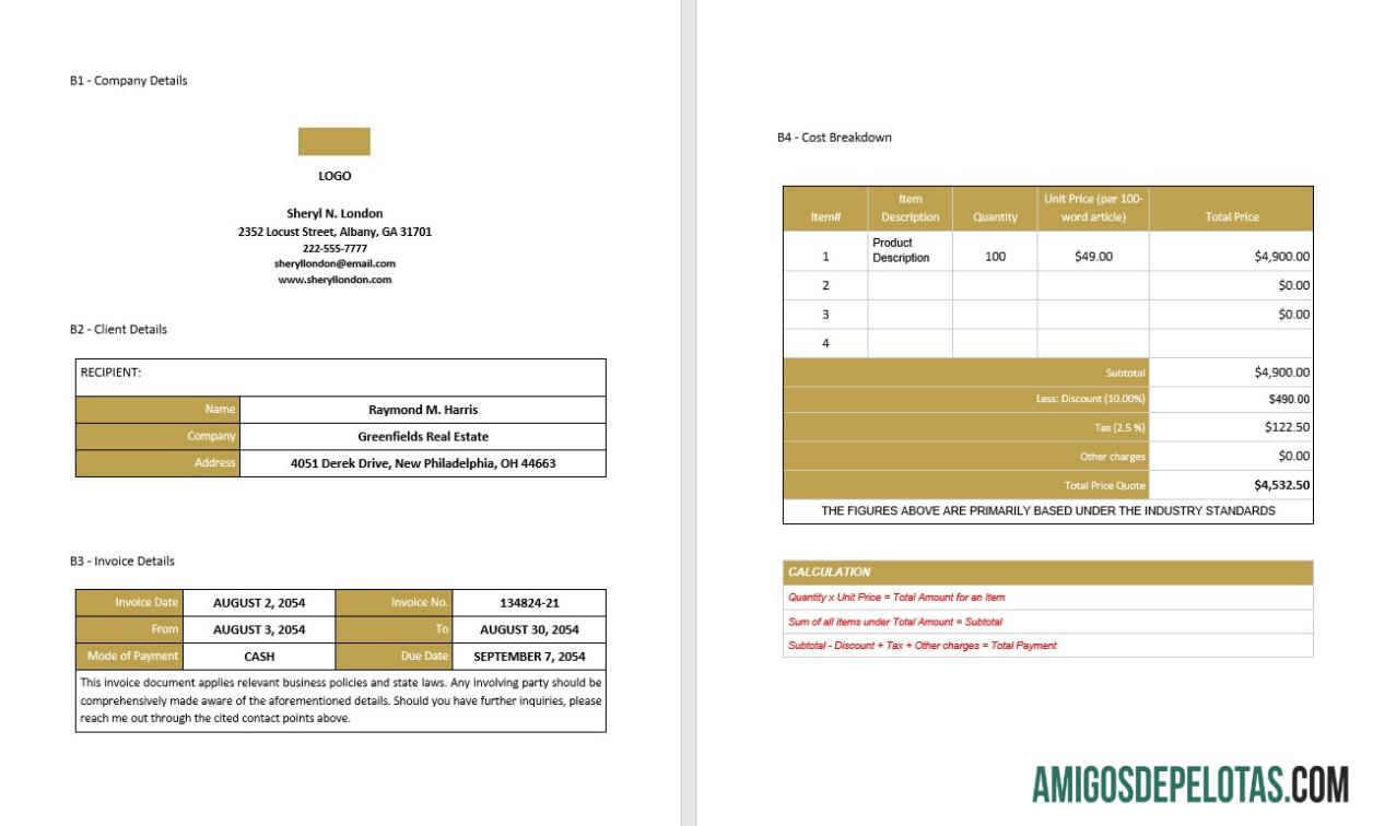 imprimível Modelo de fatura para escritor freelancer profissional